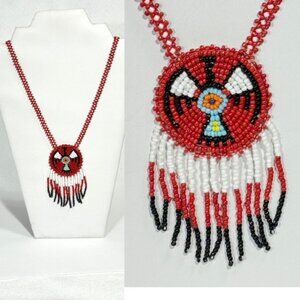 22" red Native Thunderbird beaded pendant necklace.